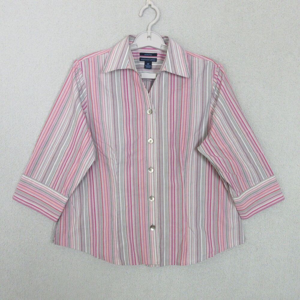 Westbound Wrinkle-Free Pinstripe Button Shirt Woman's Size 10 Pink Casual